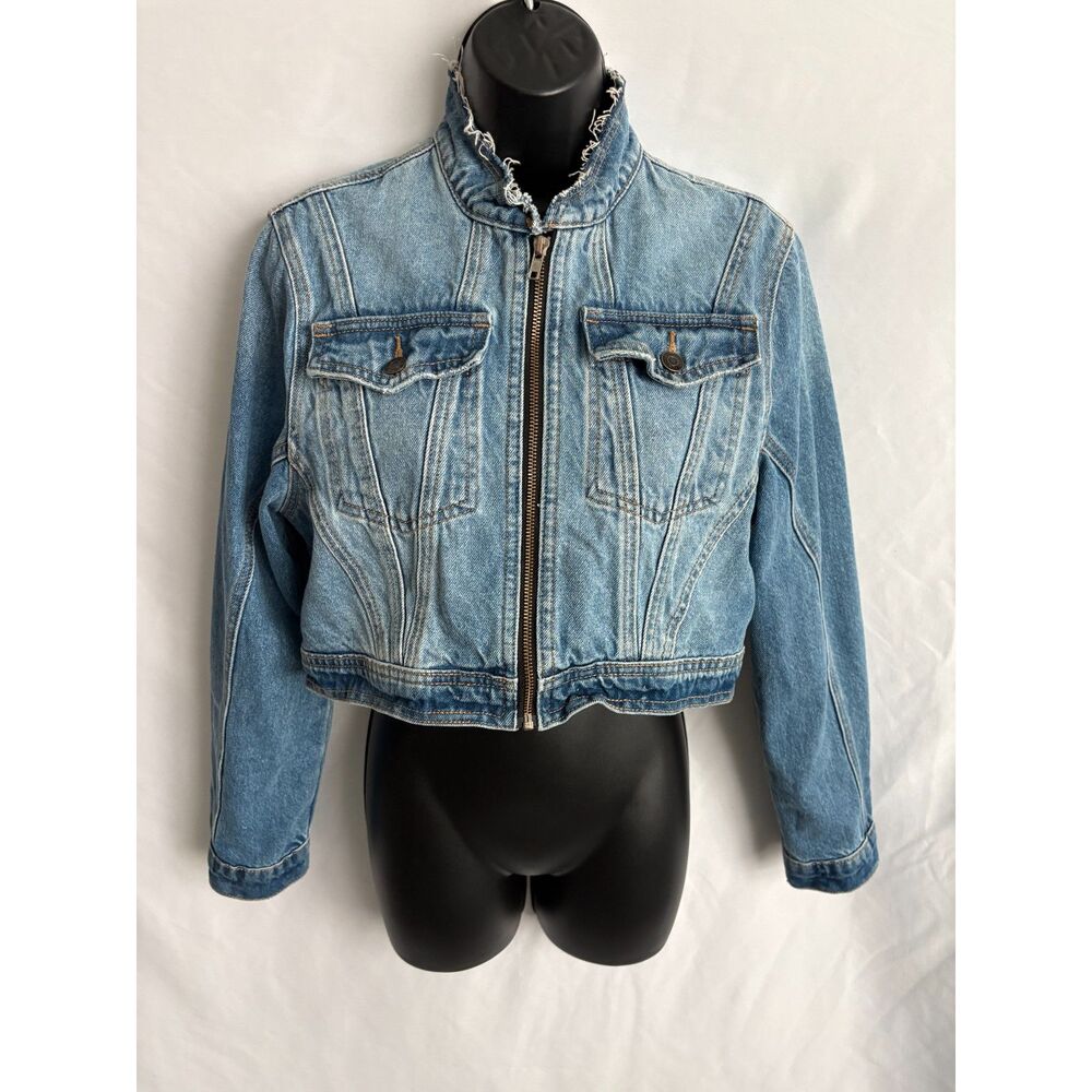 Sneak Peek Y2K Jean Crop Zip Up Denim Jacket (Style SP-J4279) Size M Distressed
